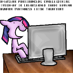 Size: 600x600 | Tagged: safe, artist:weaver, twilight sparkle, pony, g4, animated, computer, dexterous hooves, female, fixedsys, floppy ears, keyboard, monitor, open mouth, simple background, smiling, solo, typing, white background