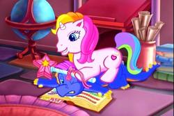 Size: 720x480 | Tagged: safe, screencap, master kenbroath gilspotten heathspike, rarity (g3), dragon, pony, unicorn, g3, the runaway rainbow, duo, duo male and female, female, filly, foal, magic wand, male, out of context, unicornia