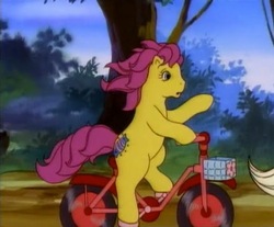 Size: 512x423 | Tagged: safe, screencap, bon bon (g1), earth pony, pony, g1, my little pony tales, the great lemonade stand wars, bicycle, female, solo