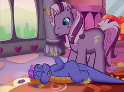 Size: 512x381 | Tagged: safe, screencap, master kenbroath gilspotten heathspike, wysteria, dragon, earth pony, pony, g3, the princess promenade, duo, duo male and female, female, male, mare, please be gentle, sleepy