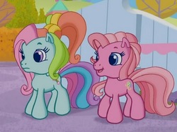 Size: 512x383 | Tagged: safe, screencap, pinkie pie (g3), rainbow dash (g3), earth pony, pony, g3, g3.5, twinkle wish adventure, frown, smiling