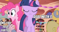 Size: 621x338 | Tagged: safe, edit, edited screencap, screencap, pinkie pie, twilight sparkle, g4, caption, implied farting, twilight fartle