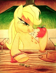 Size: 618x800 | Tagged: safe, artist:twintailsinc, applejack, pony, g4, apple, bar, bedroom eyes, eating, female, herbivore, solo, that pony sure does love apples