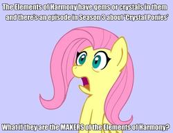 Size: 768x592 | Tagged: artist needed, safe, fluttershy, crystal pony, pegasus, pony, g4, my little pony: friendship is magic, season 3, conspiracy, conspiracy fluttershy, crystal empire, exploitable meme, insane fan theory, meme, meta, open mouth, simple background