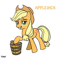 Size: 760x740 | Tagged: safe, artist:773her, applejack, earth pony, pony, g4, apple, female, food, looking at you, simple background, solo