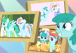 Size: 650x450 | Tagged: safe, artist:violetclm, edit, edited screencap, screencap, applejack, rainbow dash, rainbowshine, spring melody, sprinkle medley, twinkleshine, pegasus, pony, hoofstuck, fall weather friends, g4, the super speedy cider squeezy 6000, winter wrap up, female, mare, obsession, picture, picture frame, sprinkledash, stalker, tape, winter wrap up vest