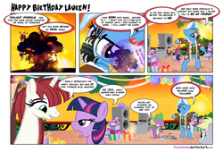 Size: 1400x953 | Tagged: safe, artist:pixelkitties, derpy hooves, spike, trixie, twilight sparkle, oc, oc:fausticorn, pegasus, pony, g4, bane, batman, birthday, comic, female, happy birthday, happy birthday lauren faust, lauren faust, mare, parody, party
