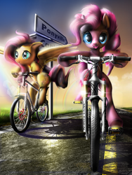 Size: 1200x1600 | Tagged: safe, artist:wylfden, fluttershy, pinkie pie, earth pony, pegasus, pony, g4, bicycle, duo, duo female, female, looking at you, ride to conquer cancer, road, sign, smiling, spread wings, wings