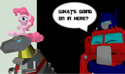 Size: 842x503 | Tagged: safe, pinkie pie, g4, grimlock, optimus prime, transformers