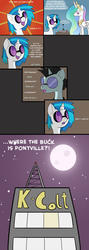 Size: 1000x2799 | Tagged: safe, dj pon-3, neon lights, princess celestia, rising star, vinyl scratch, alicorn, pony, unicorn, tumblr:scratch and the gang, g4, background pony, canterlot, clothes, cloudsdale, comic, female, hoofington, male, manehattan, mare, moon, necktie, ponyville, radio station, shirt, stallion, sunglasses, trottingham, tumblr, vinyl's glasses