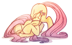 Size: 864x545 | Tagged: safe, artist:buttercupbabyppg, fluttershy, pegasus, pony, g4, covering, covering eyes, eyes closed, face down ass up, female, floppy ears, folded wings, lip bite, mare, scared, simple background, solo, white background, wings