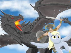Size: 1024x768 | Tagged: safe, artist:godofirony, derpy hooves, dragon, human, g4, alduin, crossover, female, fire, fire breath, flying, male, open mouth, shield, skyrim, sword, the elder scrolls, weapon