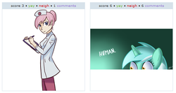 Size: 534x285 | Tagged: safe, lyra heartstrings, nurse redheart, human, derpibooru, g4, exploitable meme, human fetish, humanized, humie, juxtaposition, juxtaposition win, meta