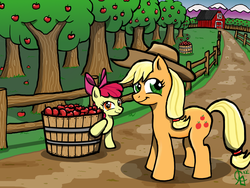 Size: 1024x768 | Tagged: safe, artist:godofirony, apple bloom, applejack, g4, apple, fence, food, looking at you, orchard