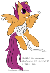 Size: 1844x2692 | Tagged: safe, artist:zomgitsalaura, scootaloo, pony, g4, bandage, dialogue, female, implied scootabuse, scootaloo can't fly, simple background, solo, transparent background
