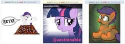 Size: 796x279 | Tagged: safe, rarity, scootaloo, twilight sparkle, pegasus, pony, unicorn, derpibooru, g4, meta, meta:questionable