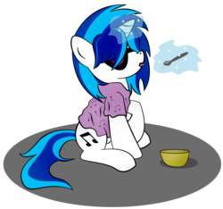 Size: 1863x1743 | Tagged: safe, artist:zomgitsalaura, dj pon-3, vinyl scratch, pony, unicorn, g4, clothes, female, glowing horn, hooves, horn, levitation, magic, mare, music notes, simple background, sitting, solo, telekinesis, tongue out, transparent background, vector