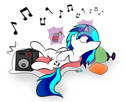 Size: 961x786 | Tagged: safe, artist:zomgitsalaura, dj pon-3, vinyl scratch, pony, g4, female, ipod, magic, music notes, relaxing, simple background, solo, white background