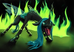 Size: 1600x1134 | Tagged: safe, artist:welcometodai, queen chrysalis, changeling, changeling queen, g4, fangs, female, fire, frown, open mouth, signature, solo, standing