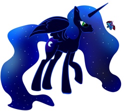 Size: 1884x1672 | Tagged: safe, artist:zomgitsalaura, princess luna, oc, flutter pony, g4, 2011, alternate design, duo, ethereal mane, ethereal tail, female, mare, partially open wings, simple background, tail, white background, wings