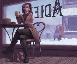 Size: 3616x2991 | Tagged: safe, artist:jakneurotic, rarity, human, g4, boots, cafe, clothes, coat, cup, gloves, hat, high res, humanized, shoes, sitting, snow, stool, table, winter