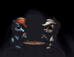 Size: 3850x2975 | Tagged: safe, artist:welcometodai, applejack, rainbow dash, g4, dim light, high res, liar face, liarjack, poker, poker face, scrunchy face