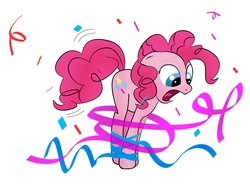 Size: 2000x1500 | Tagged: safe, artist:zomgitsalaura, pinkie pie, earth pony, pony, g4, bondage, female, ribbon, simple background, solo, tied up, unsexy bondage, white background