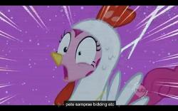 Size: 640x400 | Tagged: safe, screencap, pinkie pie, g4, luna eclipsed, chicken suit, clothes, youtube caption