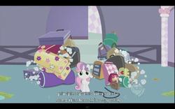 Size: 640x400 | Tagged: safe, screencap, sweetie belle, pony, unicorn, g4, sisterhooves social, horn, hub logo, luggage, youtube caption