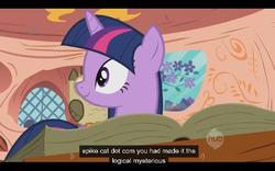 Size: 640x400 | Tagged: dead source, safe, screencap, owlowiscious, twilight sparkle, g4, owl's well that ends well, ei, hub logo, youtube caption