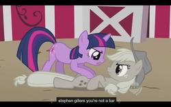 Size: 640x400 | Tagged: safe, screencap, applejack, twilight sparkle, pony, unicorn, g4, season 2, the return of harmony, discorded, discorded applejack, letterboxing, liarjack, unicorn twilight, youtube caption