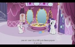 Size: 640x400 | Tagged: safe, screencap, rarity, sweetie belle, pony, unicorn, g4, sisterhooves social, belle sisters, female, filly, foal, horn, hub logo, mare, siblings, sisters, youtube caption