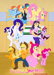 Size: 800x1112 | Tagged: safe, artist:schreibaby-zephyr, applejack, fluttershy, pinkie pie, rainbow dash, rarity, twilight sparkle, human, fanfic:ponies one half, g4, clothes, crossover, dress, fanfic, humanized, mane six, ranma 1/2, self ponidox, skirt, sweater, sweatershy, tank top