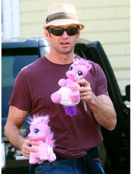 Size: 456x602 | Tagged: safe, pinkie pie (g3), human, g3, g3.5, newborn cuties, hugh jackman, irl, irl human, photo, so soft, toy, wat