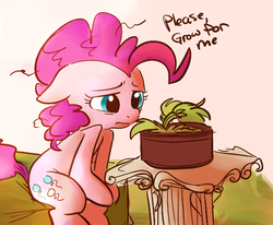 Size: 671x553 | Tagged: safe, artist:mentik, pinkie pie, earth pony, pony, g4, audrey 2, dialogue, female, little shop of horrors, looking down, mare, movie reference, musical reference, plant, potted plant, sad, seymour krelborn, sitting, song reference, table