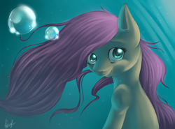 Size: 1573x1166 | Tagged: dead source, safe, artist:ls_skylight, fluttershy, pony, g4, bubble, female, solo, underwater, watershy