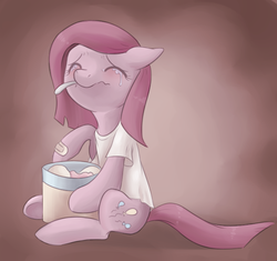 Size: 704x662 | Tagged: safe, artist:ls_skylight, pinkie pie, earth pony, pony, g4, bandaid, clothes, comfort eating, crying, eyes closed, female, ice cream, left out, pinkamena diane pie, sad, shirt, sitting, solo, spoon, t-shirt