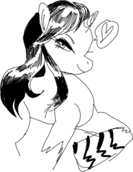 Size: 390x502 | Tagged: safe, artist:maroonracoon, pony, bedroom eyes, heart, looking at you, lum invader, monochrome, ponified, raised hoof, smiling, solo, urusei yatsura