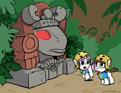 Size: 1000x770 | Tagged: safe, artist:elosande, pipsqueak, sweetie belle, g4, crossover, duo, female, helmet, legends of the hidden temple, male, olmec, ship:sweetiesqueak, shipping, straight