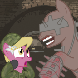 Size: 500x500 | Tagged: safe, artist:etonyoc, lily, lily valley, cyborg, g4, killing floor, mutant, mutated pony, ponified, scared, the horror