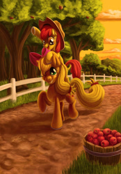 Size: 697x1000 | Tagged: safe, artist:tsitra360, apple bloom, applejack, earth pony, pony, g4, accessory swap, adorabloom, apple, apple bloom riding applejack, bucket, cute, female, filly, foal, mare, ponies riding ponies, riding, sisters, sunset, sweet apple acres, tree