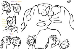 Size: 1000x660 | Tagged: safe, artist:caluriri, apple bloom, rainbow dash, scootaloo, spike, sweetie belle, dragon, earth pony, pegasus, pony, unicorn, g4, blushing, comic, female, filly, foal, hoofbump, kiss on the lips, kissing, kissing game, lesbian, partial color, ship:scootabelle, shipping, sleepover, slumber party