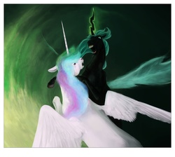 Size: 800x716 | Tagged: dead source, safe, artist:spectralunicorn, princess celestia, queen chrysalis, changeling, changeling queen, g4, female, hoers, realistic