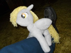 Size: 800x600 | Tagged: safe, artist:eratosofcyrene, derpy hooves, pegasus, pony, g4, female, hug, irl, leg, mare, photo, plushie, toy