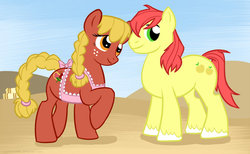 Size: 800x493 | Tagged: safe, artist:solitaryzombie, oc, oc only, oc:apple rose, oc:yellow gala, earth pony, pony, 2012, applejack's parents, apron, braid, braided ponytail, braided tail, clothes, female, freckles, hilarious in hindsight, male, mare, not bright mac, ponytail, stallion, tail