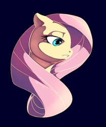 Size: 741x891 | Tagged: safe, artist:mythologica, fluttershy, pegasus, pony, g4, black background, bust, female, floppy ears, lidded eyes, mare, portrait, simple background, solo