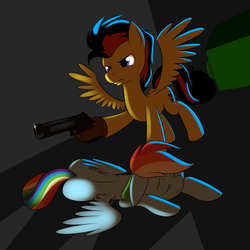 Size: 1280x1280 | Tagged: safe, artist:kloudmutt, rainbow dash, oc, pegasus, pony, g4, female, gun, implied murder, mare, weapon