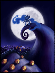 Size: 2000x2651 | Tagged: safe, artist:kaizerin, princess luna, alicorn, pony, g4, crossover, female, parody, pumpkin, solo, the nightmare before christmas, tim burton