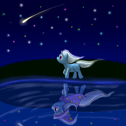 Size: 4096x4096 | Tagged: safe, artist:13era, trixie, pony, unicorn, g4, absurd resolution, cape, clothes, female, mare, night, reflection, shooting star, solo, water