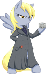 Size: 517x816 | Tagged: safe, artist:hollowzero, derpy hooves, pegasus, pony, g4, bipedal, clothes, doctor derpy, doctor who, epic derpy, female, mare, simple background, solo, sonic screwdriver, transparent background, trenchcoat